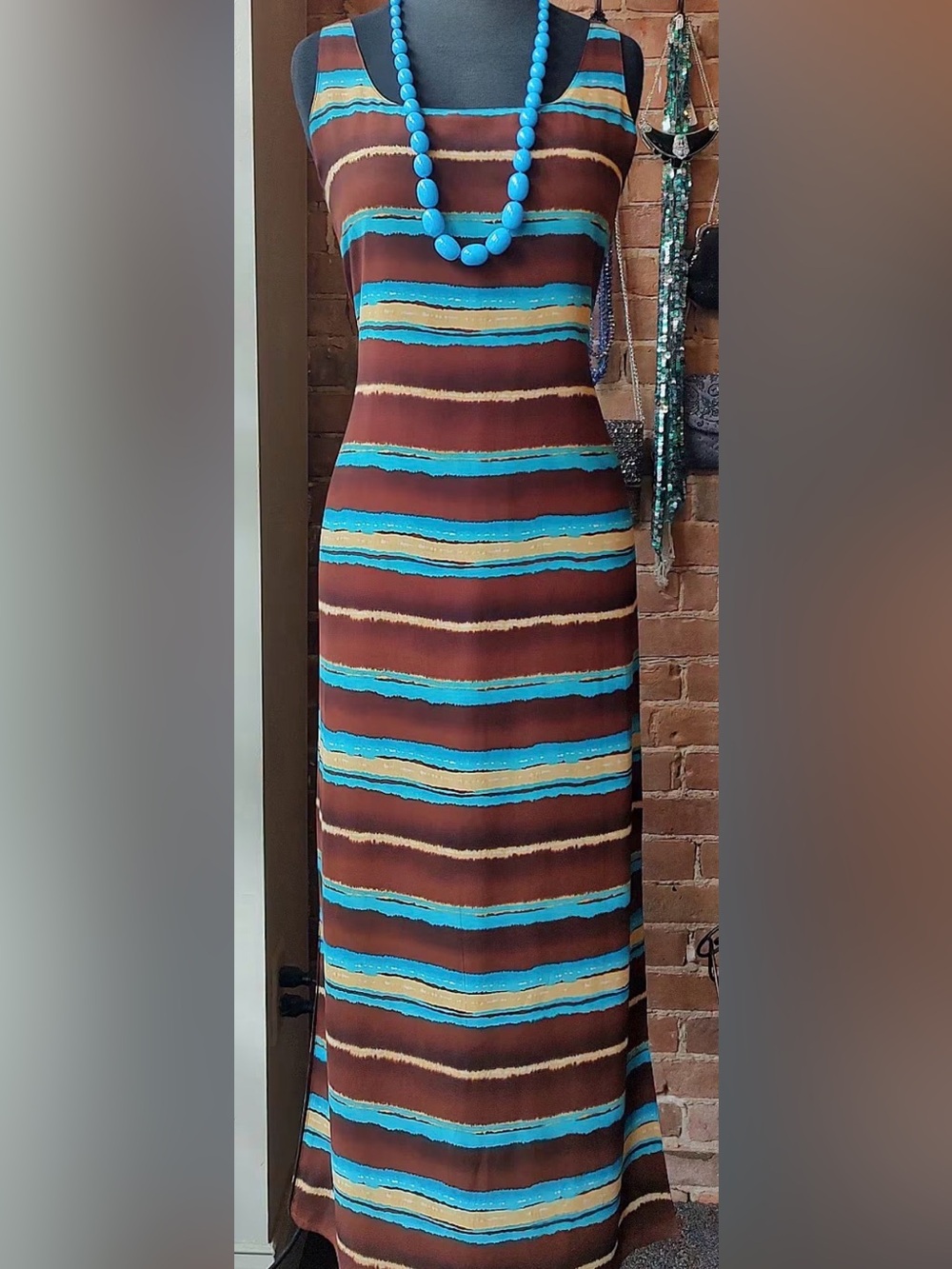 Vintage JONES NEW YORK BROWN BLUE GOLD STRIPS LINED DRESS SIZE 2P
